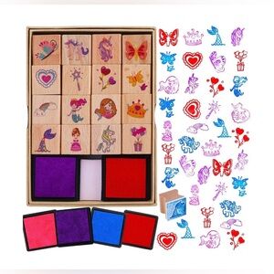 Wooden Mermaid & Princess Stamp Set with Purple, Blue, Red Ink - Kids Toys